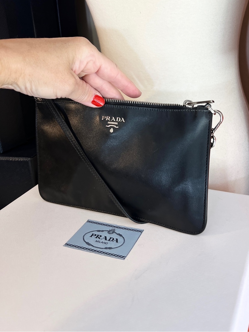 Prada Black & Silver Leather wristlet/pouch beige suede inside. 🌟Offers welcome! - Picture 2 of 14
